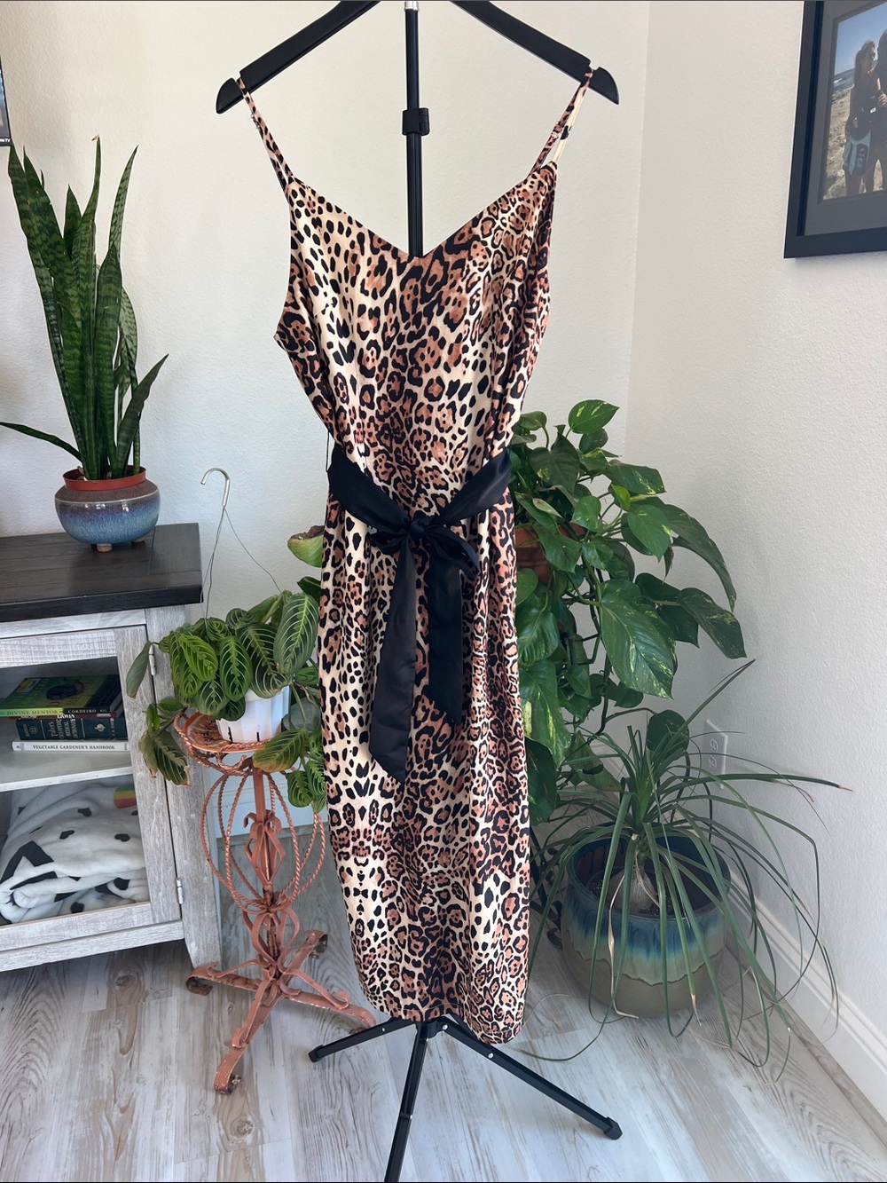 Leopard Print Slip Midi Dress with Black Sash